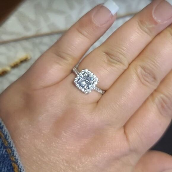 Silver Rhodium and White Diamond Cubic Zirconia Square Halo Ring - Picture 10 of 13